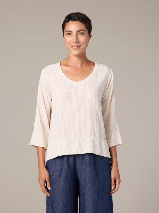 V-Neck Vent Top in Crinkle Check by Cut-Loose