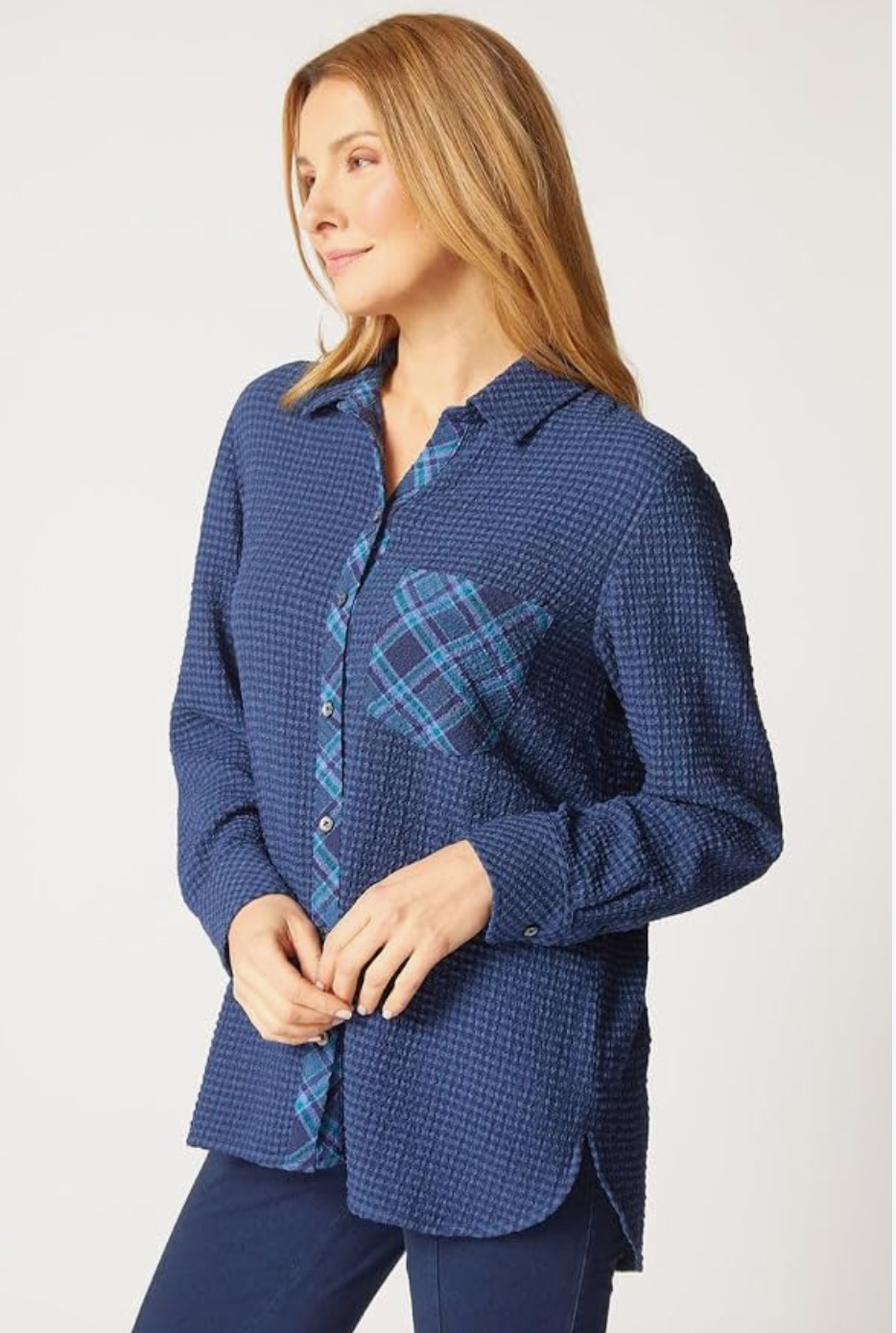 Textured Button Front Shirt with Plaid Detail by Habitat