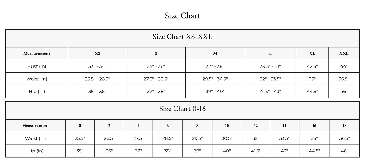 A size chart table showing measurements for sizes XS-XXL and 0-16, with columns for Measurement, XS, S, M, L, XL, XXL, and 0-16, including Bust (in), Waist (in), and Hip (in).
