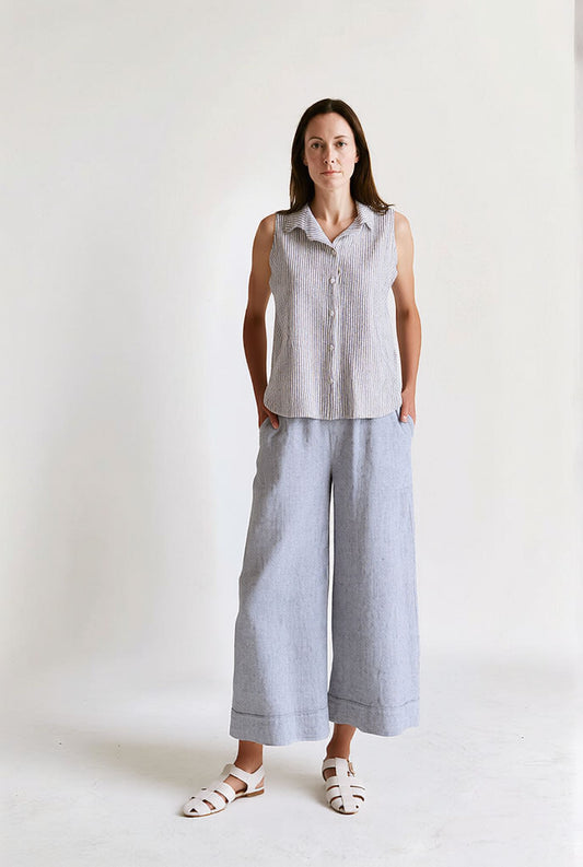 Sleeveless Shirt in Grey Stripe Cotton Crinkle Seersucker by Cut-Loose