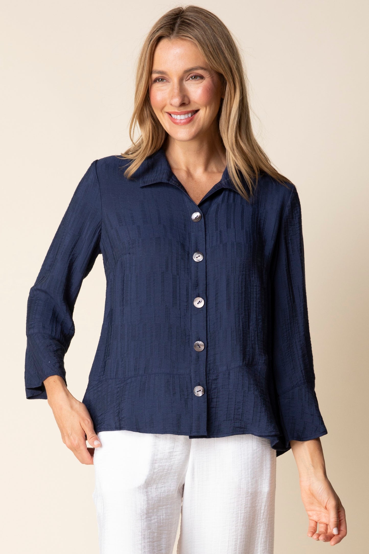 Whisper Flounce Button Up Shirt in Soft Rayon Jacquard by Habitat