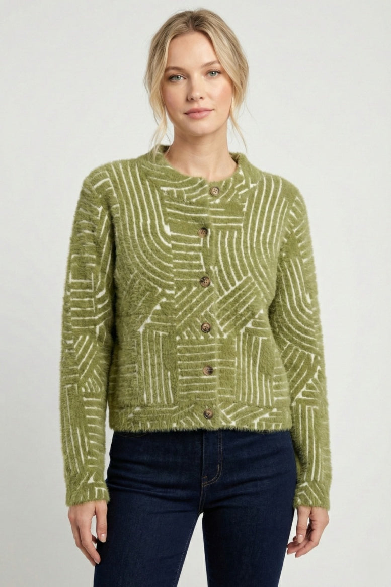 Abstract Line Grid Cropped Cozy Cardigan in Olive Grove by APNY